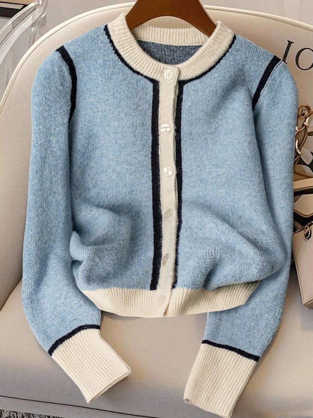 Blue And White Casual Women's Contrast Color Round Neck Cardigan - Picture 1 of 5